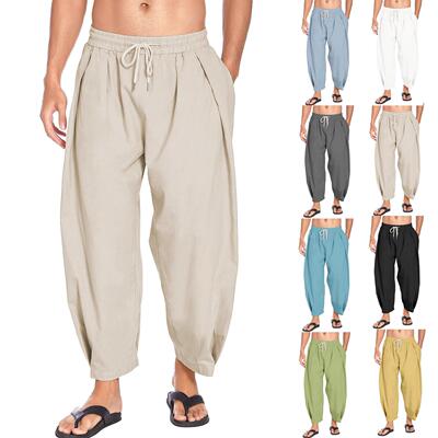 Men Linen Harem Pants Drawstring Casual Cropped Trousers