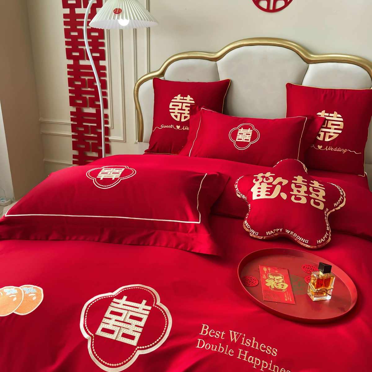 中式婚庆四件套红色刺绣婚房婚礼绣花喜被结婚被套床上用品六件套