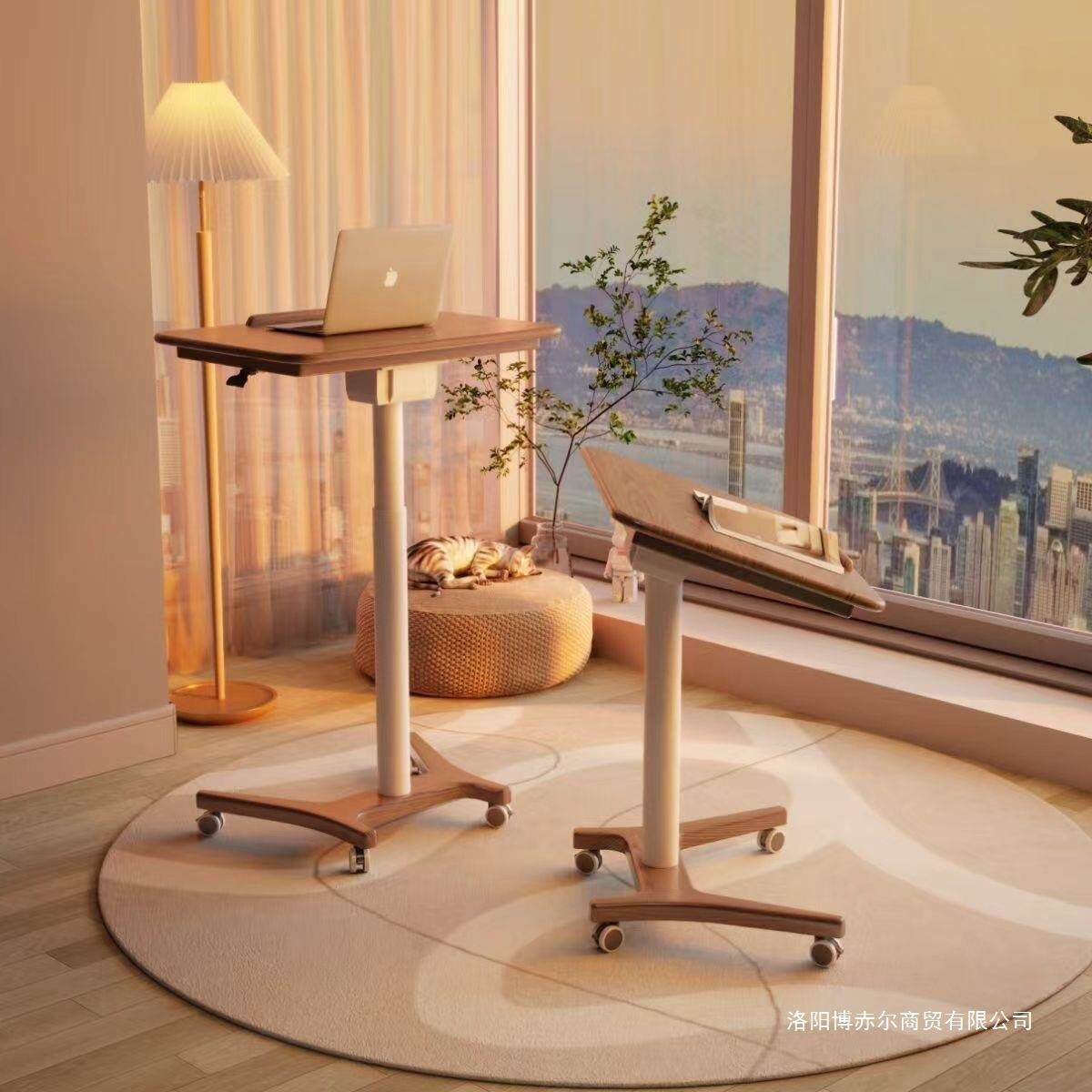 实木升降电脑桌可移动小户型办公桌家用学习桌可折叠小书桌带轮