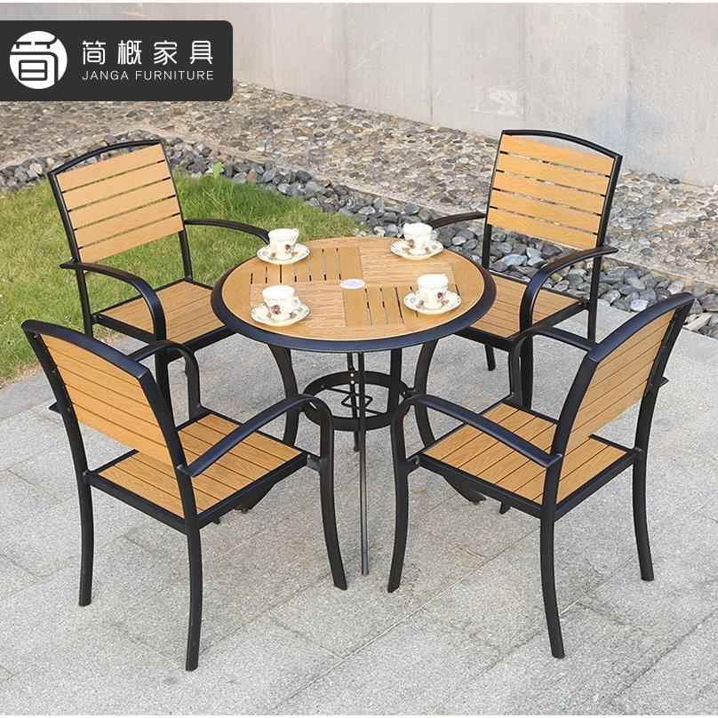 简概户外家具度假村景区酒店塑木餐桌咖啡厅防水防晒多人组合桌椅