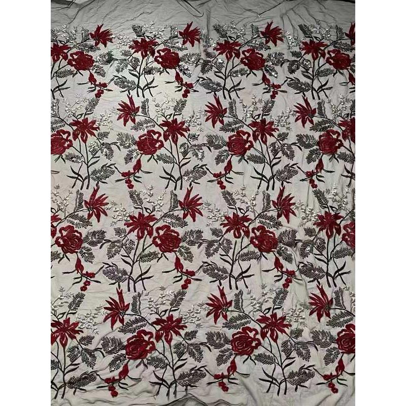 厂家直销 新款高档富贵花珠绣 网纱绣花 蕾丝花边面料 刺绣布料