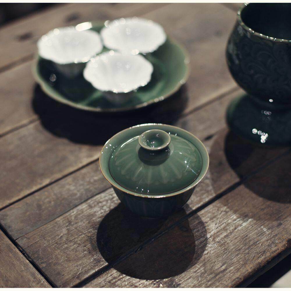 |亦宋书院|《越窑青瓷》莲花盖碗 茶具 整套 彷宋中式高温盘子