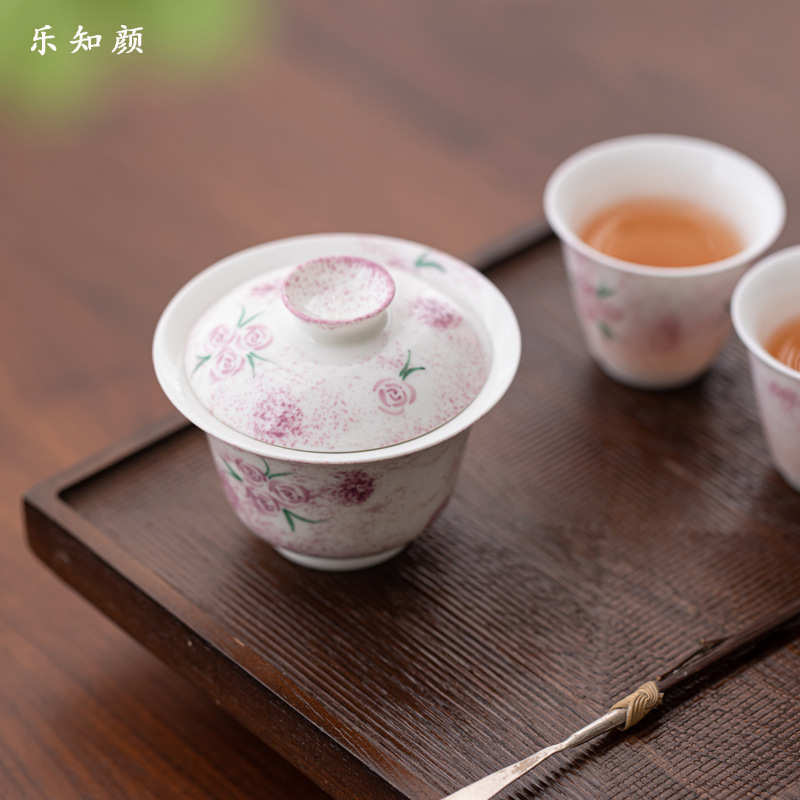 碗泡茶玫瑰花单个手绘釉家用女士碗下陶瓷彩盖碗盖碗茶具敬茶功夫