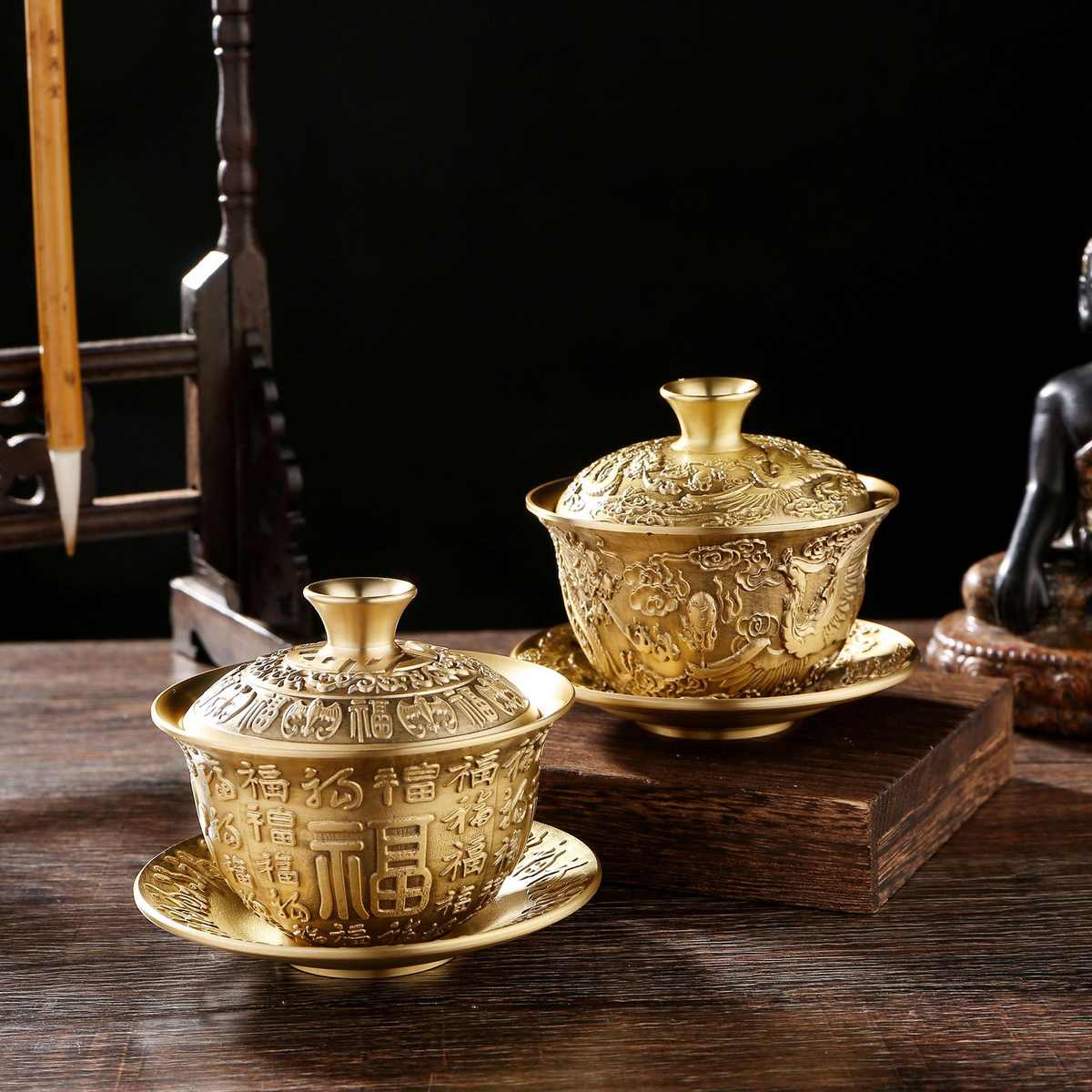 中式新款精雕百福盖碗复古铜茶杯手工茶碗三件套茶具摆件供水碗