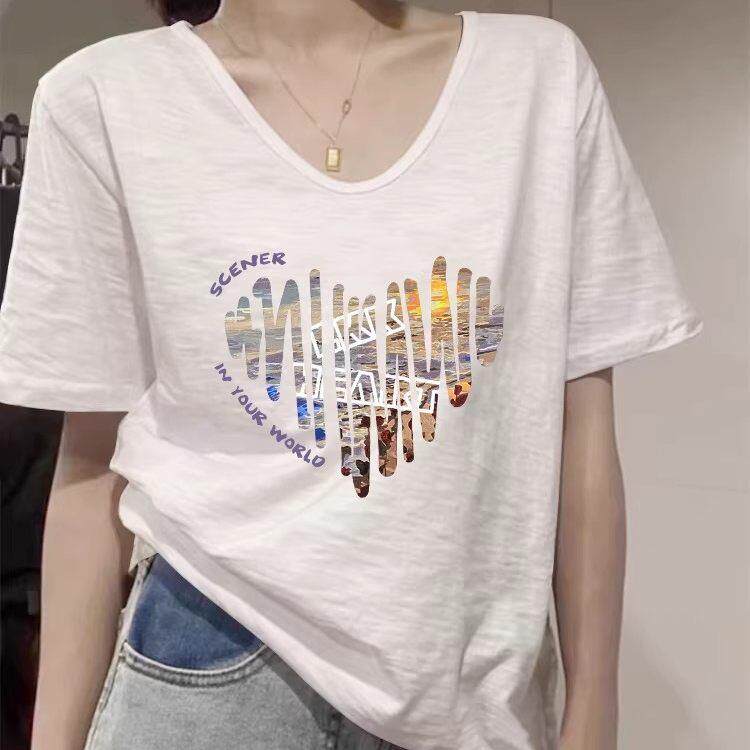 欧洲站V领竹节棉白色短袖T恤女2026新款夏季薄款宽松纯棉体恤上衣
