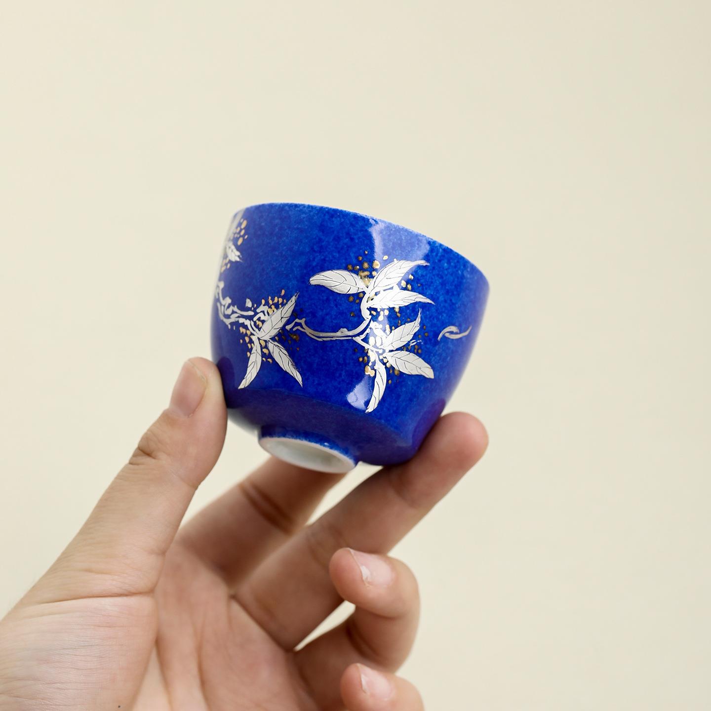 手绘酒蓝描银桂花直口茶杯主人杯家用高档女士个人专用品茗杯单杯