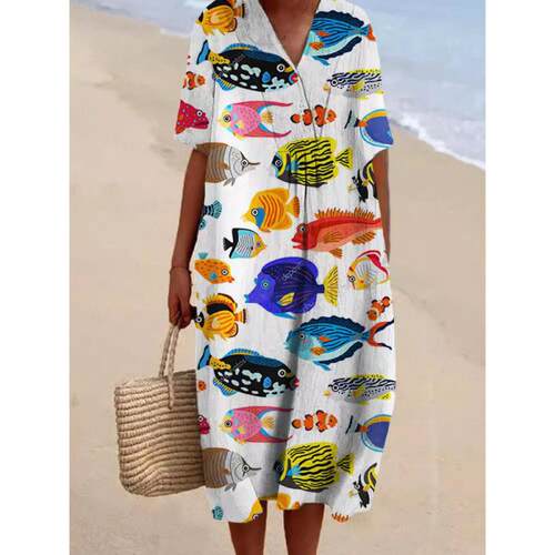 Shirt, dress, marine creature printed sleeve, long skirt
