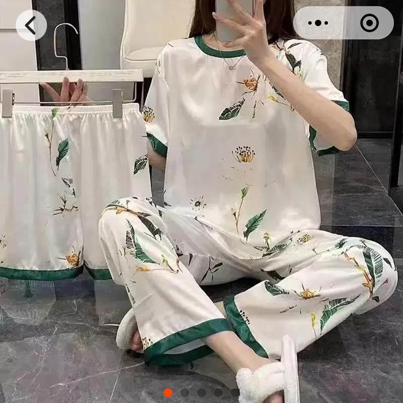 天辰立冰丝睡衣三件套薄款女装雪丝女士家居服可外穿短袖长裤套装