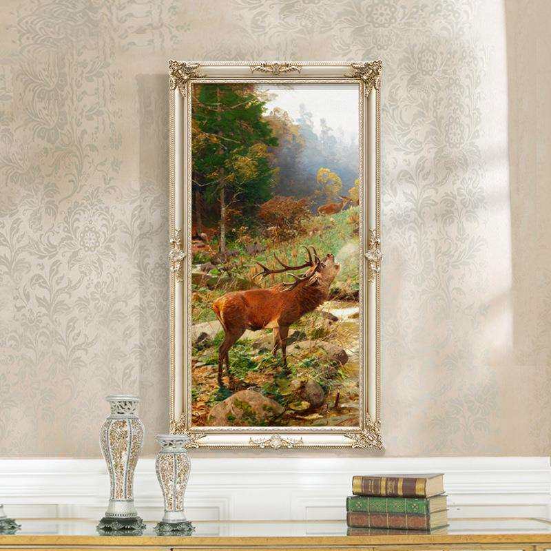 玄关装饰画简欧入户玄幻挂画麋鹿风水壁画楼梯间竖版欧式油画