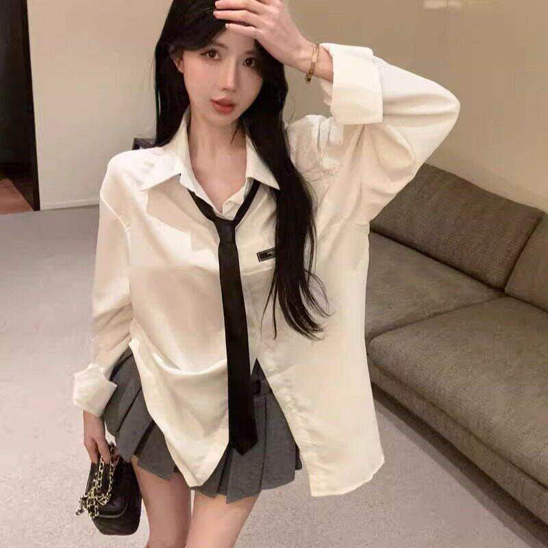 春季制服纯欲领带衬衫女宽松学院风上衣中长版减龄白色长袖衬衣