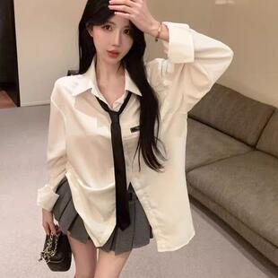 春季制服纯欲领带衬衫女宽松学院风上衣中长版减龄白色长袖衬衣