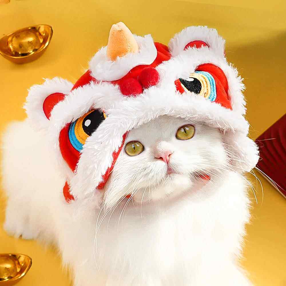 宠物帽子狗狗猫咪新年舞狮毛边帽子秋冬季保暖头饰喜庆头套用品