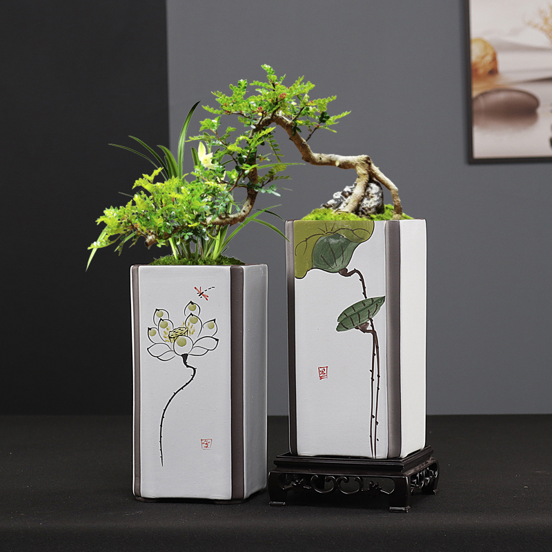 绿款枝造景悬崖桩新款植多四方形飘紫砂简约盆手绘专用花盆肉兰花