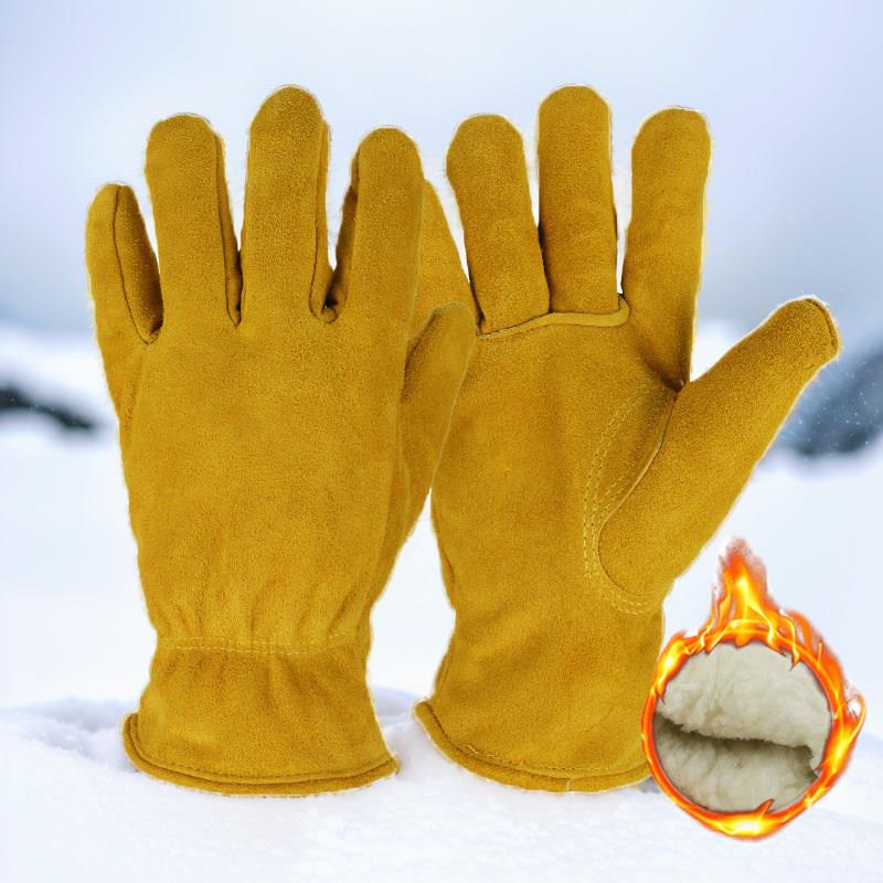 冬季牛皮加绒加棉防寒耐热隔热防刺防割保暖工作滑雪防护劳保手套