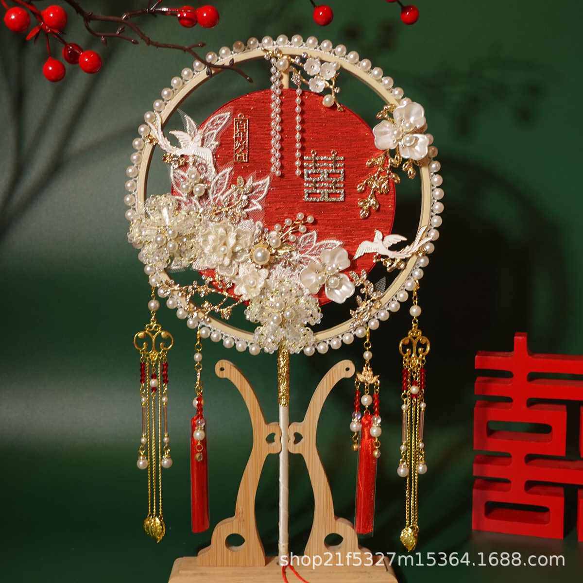 新娘团扇diy材料包秀禾服喜扇双圈中式婚礼手持拍照手工扇子成品图片