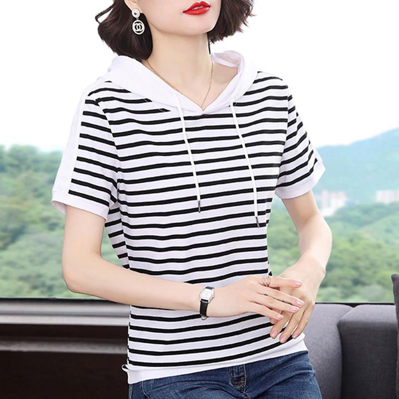 带帽条纹短袖t恤女夏季新款欧货纯棉妈妈装显瘦小衫大码休闲上衣