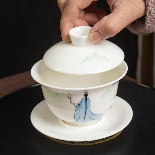 瓷八三才盖淘碗FNZ手绘蓝泡茶盖碗茶具装茶碗单个泡茶竹套不烫手