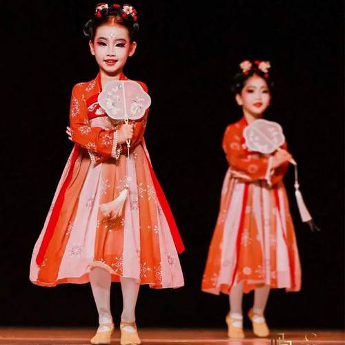 高档童古典舞服儿装、女童中演式舞蹈三服装、儿童春月胭脂化妆表