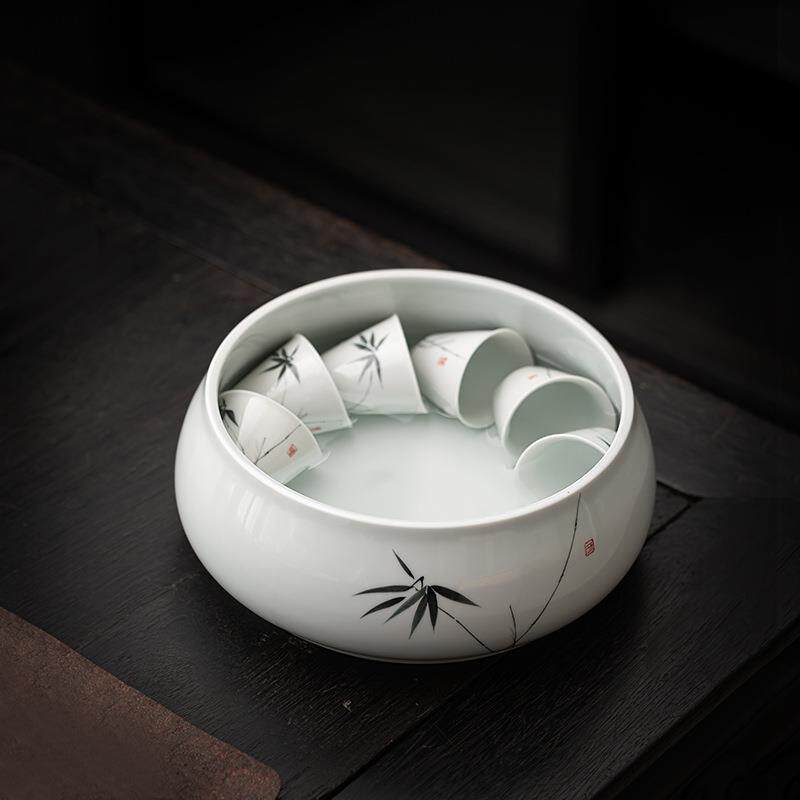 手绘竹子陶瓷茶洗功夫茶具干泡茶水缸家用大号水洗茶杯收纳盆水