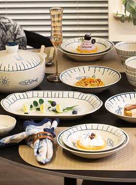 简约日风陶瓷碟套装家用釉式下彩饭碗汤组蓝藻鱼跃合餐碗碗具碗盘