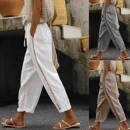 Lace hollowed out patchwork cropped pants for women