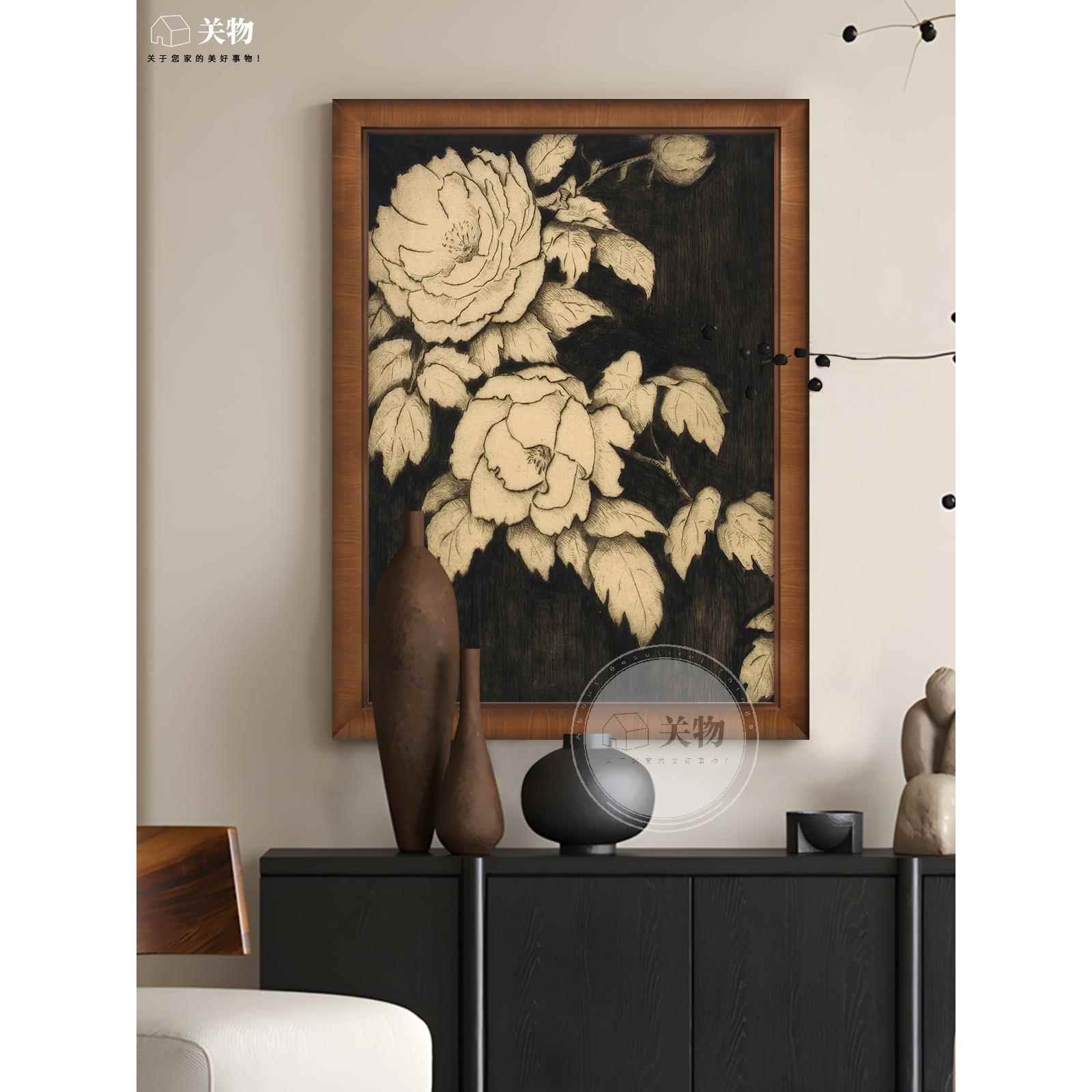 法式古风玄关装gw202饰画客厅沙发手黑白花卉高中感纯绘油级画复