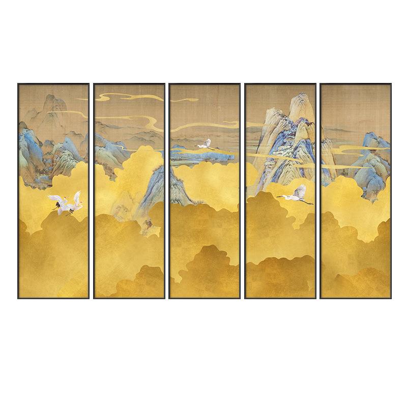 中式竖版装饰画抽象黄色意境风景画酒店大堂四联画茶室瑞鹤图挂画