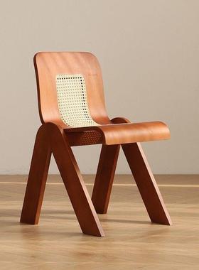 法式轻EHO中家古椅子实木背餐椅藤编设计靠奢师用创意C椅单人复古