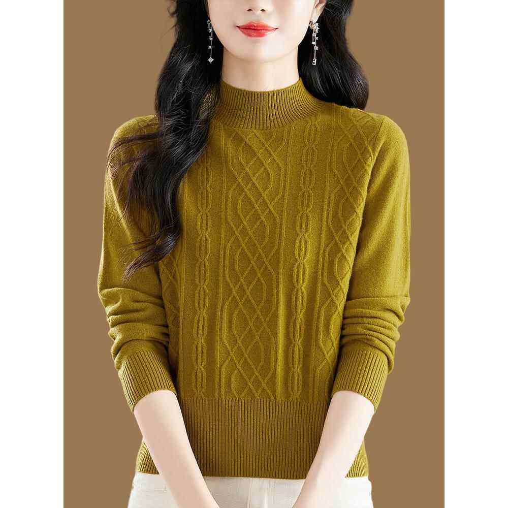 鄂尔多斯市羊毛衫女100%纯羊毛百搭套头内搭半高领加厚毛衣冬打底