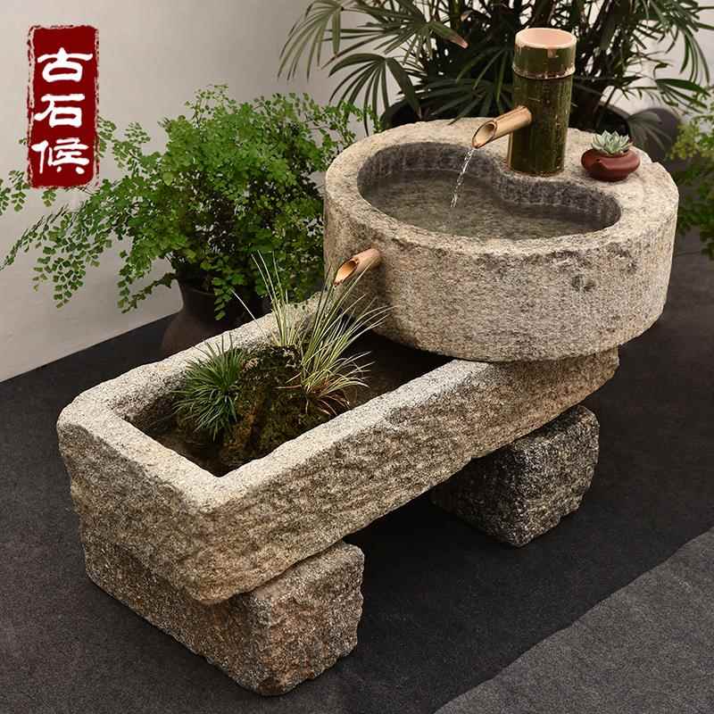户外流水造景石槽 庭院景观石磨水景 旧石头水槽鱼缸花盆