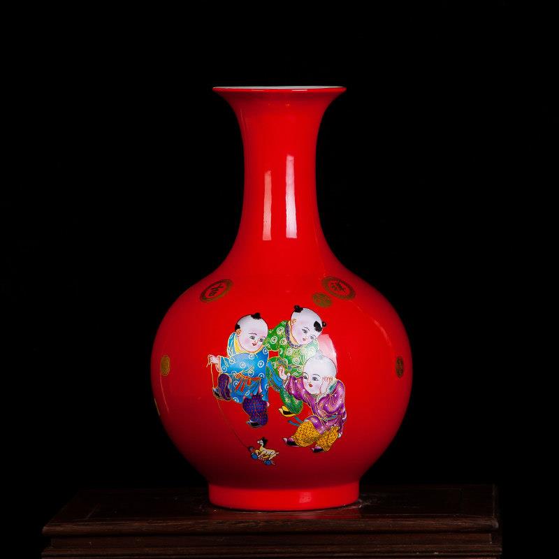 景德镇陶瓷器花瓶摆件七子中国红色插花家居客厅装饰品工艺礼品摆