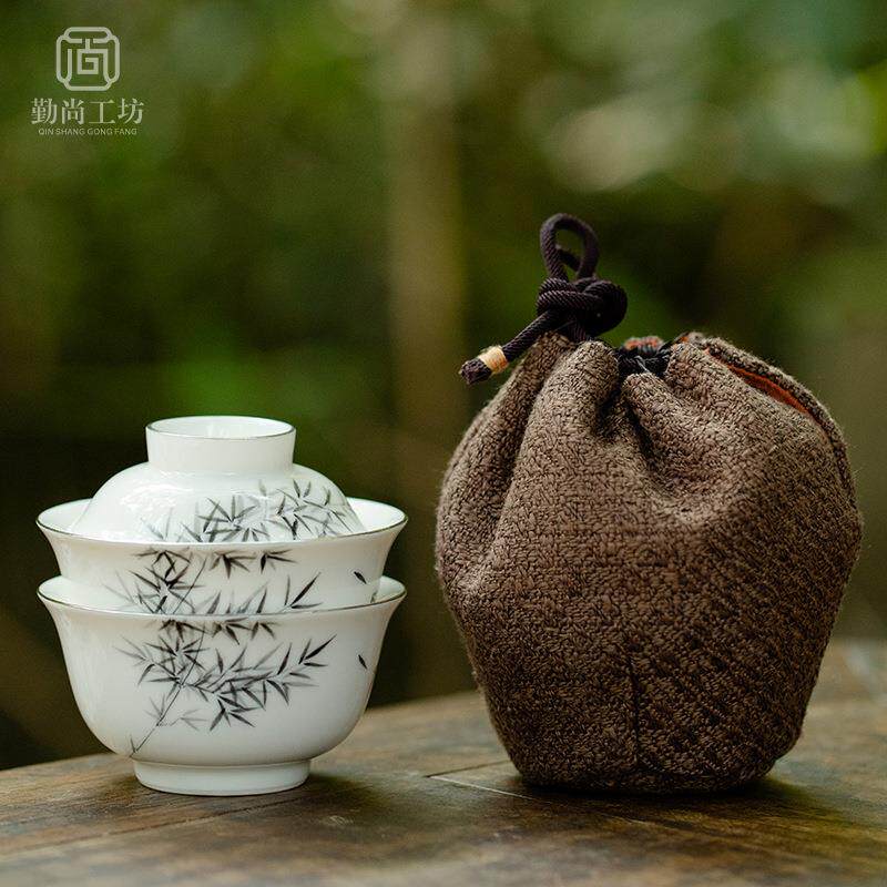 仿古手绘墨竹快客杯描银陶瓷盖碗茶杯小套组便携布袋装旅行茶具