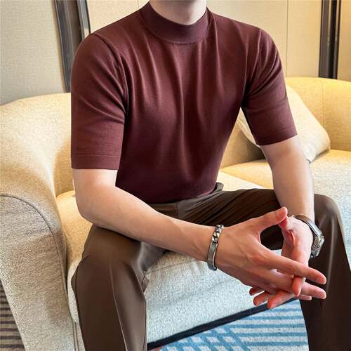 秋冬半高领男短袖t恤2026新款薄半袖老钱风中领打底衫0921z