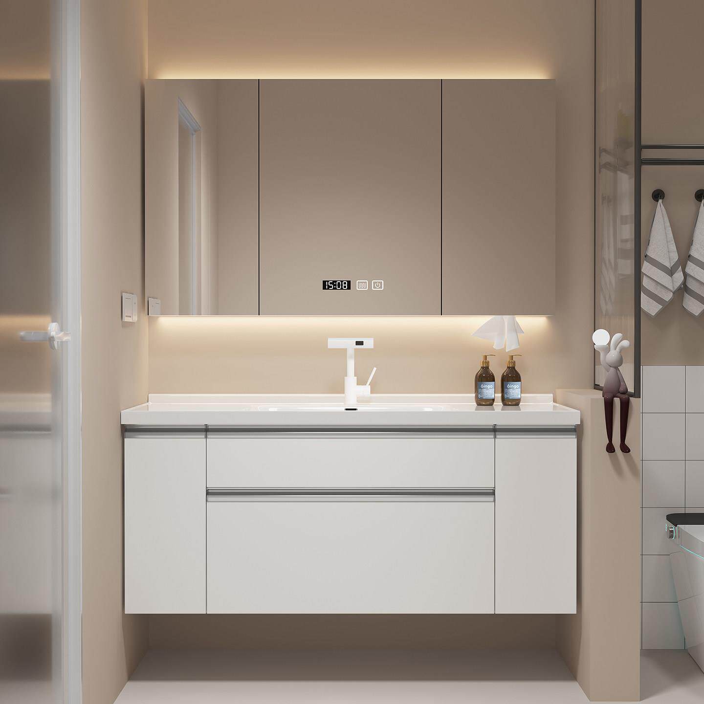 日式奶油风大收纳浴室柜组合抽屉拉篮洗漱手脸台陶瓷一体盆卫浴柜