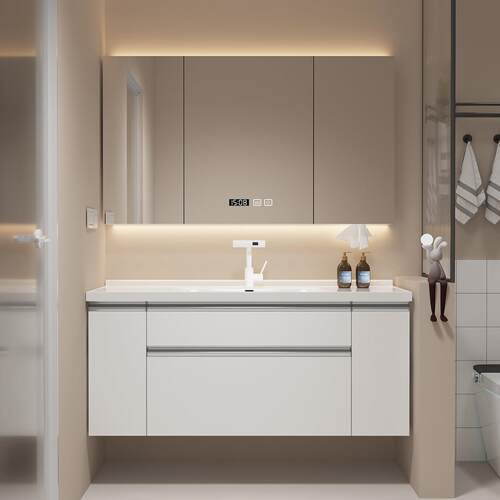 日式奶油风大收纳浴室柜组合抽屉拉篮洗漱手脸台陶瓷一体盆卫浴柜