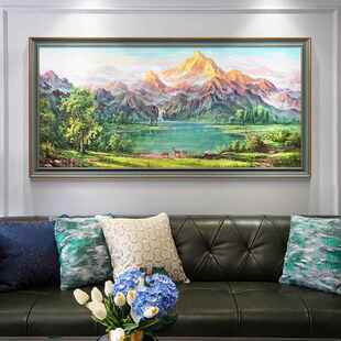网红代现美式厅装饰画山水挂风景宝盆福鹿背景客墙画油画玄聚关金
