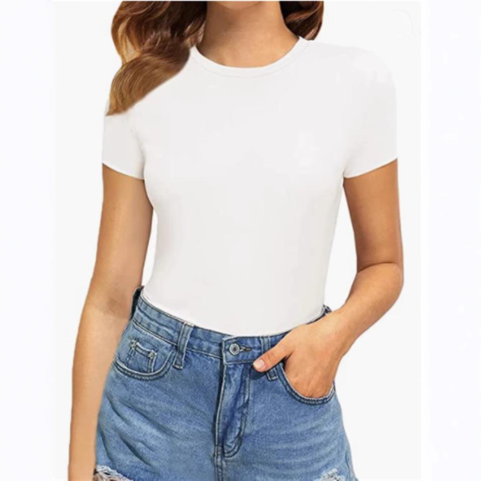 Short-sleeved fit swimsuit color slim solid all-match neck