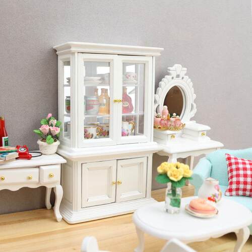 1:12娃娃屋dollhouse微缩家具木质迷你带镜玻璃柜食玩柜子模型