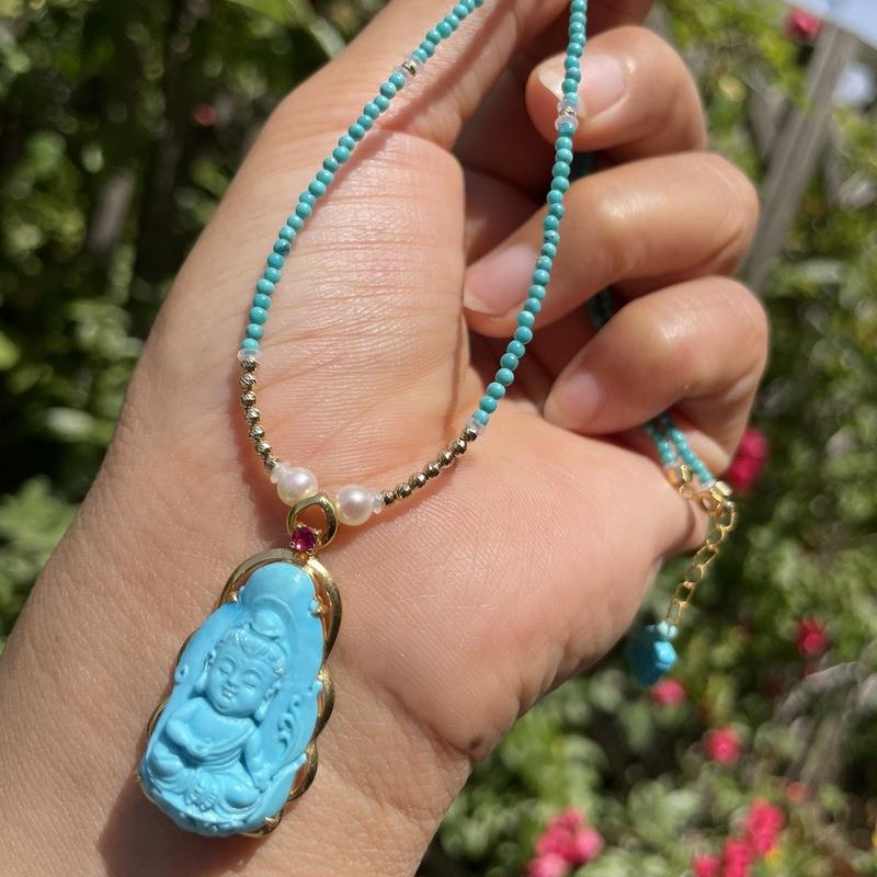 高瓷蓝绿松佛公吊坠18k金镶嵌弥勒佛锁骨链坠挂件35.7×17.8×9.2