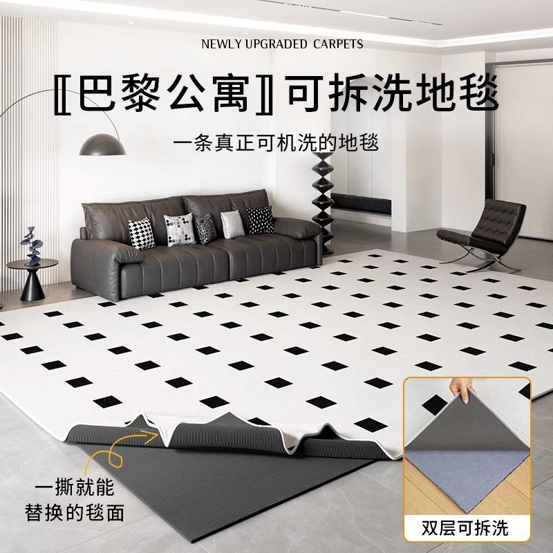 可拆洗地毯客厅2025新款法式轻奢高级黑白格子可机洗卧室沙发地垫