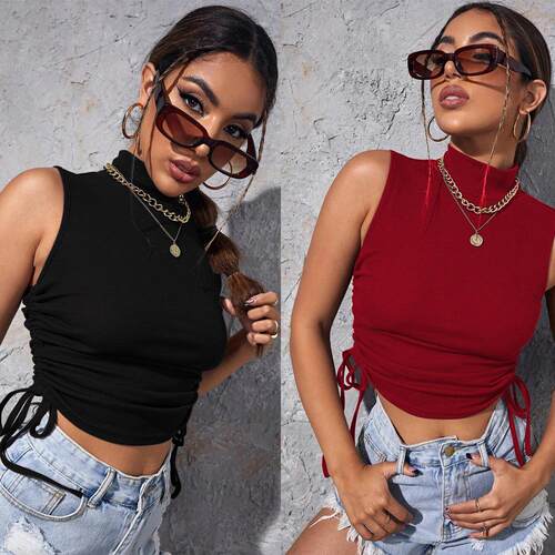 Women's sports drawstring high neck sleeveless knitted