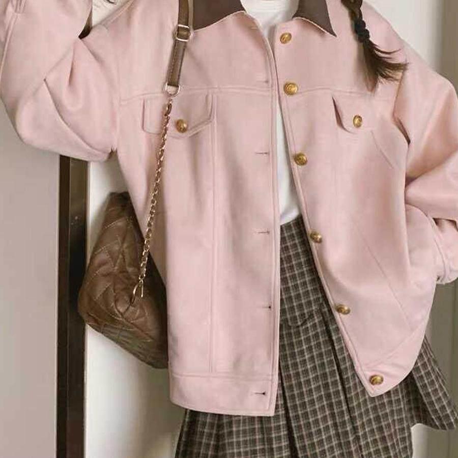 韩系粉色麂皮绒短外套女2026新款秋冬学院风翻领独特别致开衫夹克