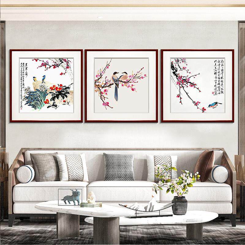 新中式水墨花鸟图客厅背景墙装饰画国画饭厅饭厅挂画玄关卧室壁画