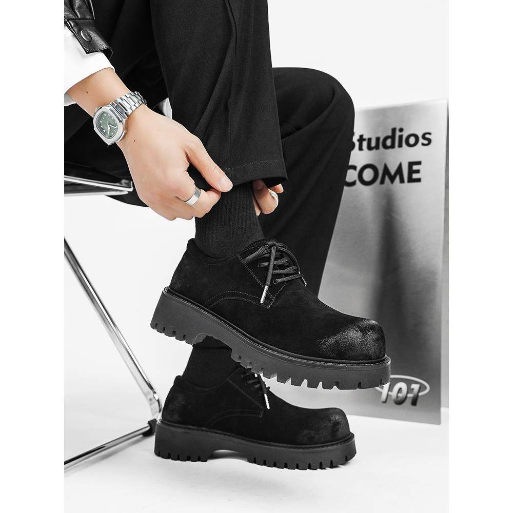 潮牌2025秋季马丁靴男低帮覆古厚底大头德比鞋男增高翻毛皮工装鞋