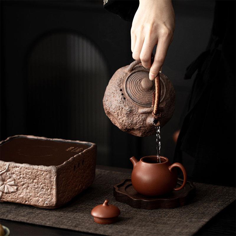 石壁荷韵四方电陶炉室内围炉煮茶套装老岩泥泡茶壶烧水壶茶具套装