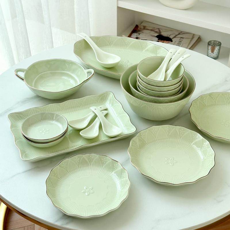 M2O8荷塘月色欧式金边碗碟餐具套装陶瓷饭碗汤面碗菜盘勺子家华庚,餐饮具,碗,淘宝优惠券,粉丝福利购,淘宝优惠卷
