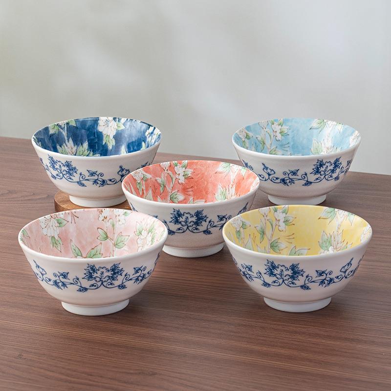 日式釉下彩木槿花米饭碗小清新家用陶瓷餐具撇口碗钵式碗
