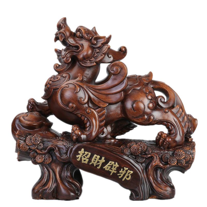 中式貔貅摆件家居客厅皮休树脂木纹工艺品红木公司吧台店铺开业