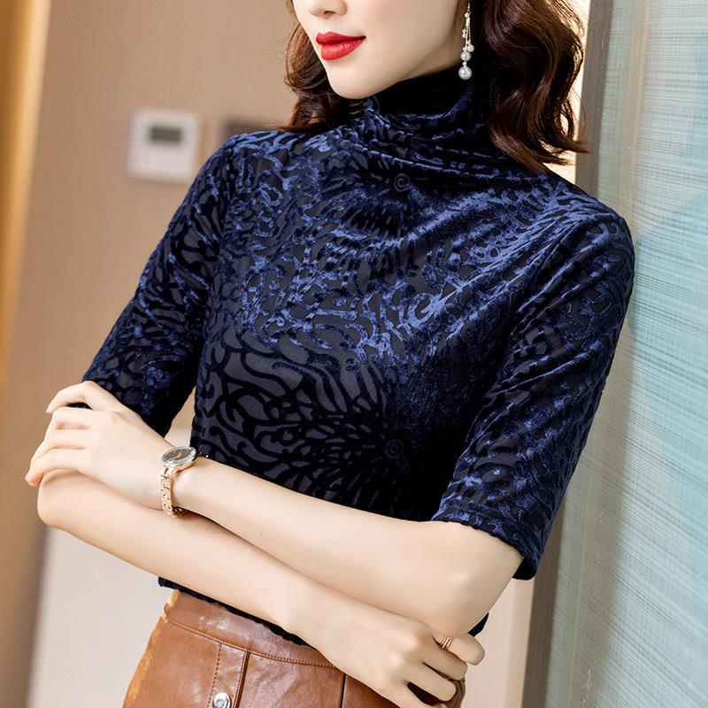 好货金丝绒上衣女春秋装欧货洋气小衫时尚高领打底衫中袖内搭半袖