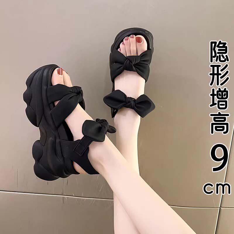 香港真皮坡跟凉鞋女夏季2026新款蝴蝶结小个子松糕厚底高跟罗马鞋